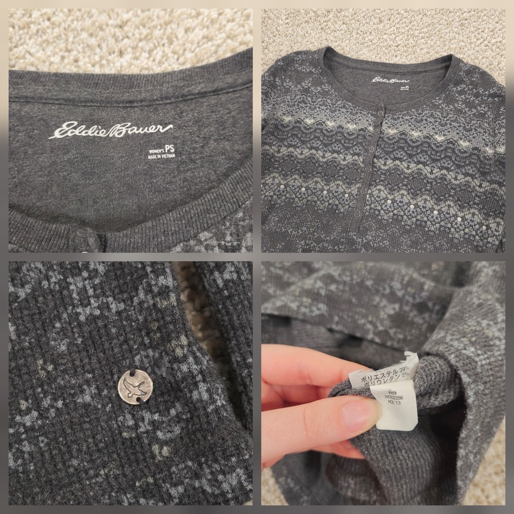 Eddie Bauer Henley Top Waffle Thermal Shirt Charcoal Gray Fair Isle Womens PS - Picture 3 of 6